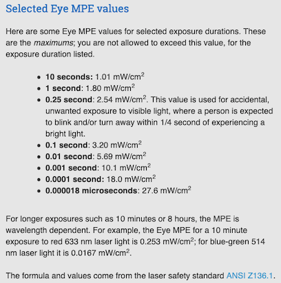 Table of selected Eye MPE values